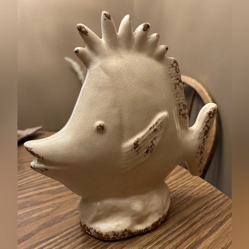 Fish statue - nautical coastal beach decor / beige/brown 9" tall ceramic